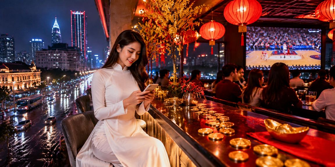 Người dùng TP.HCM mặc áo dài theo dõi cược bóng rổ trực tuyến với nụ cười